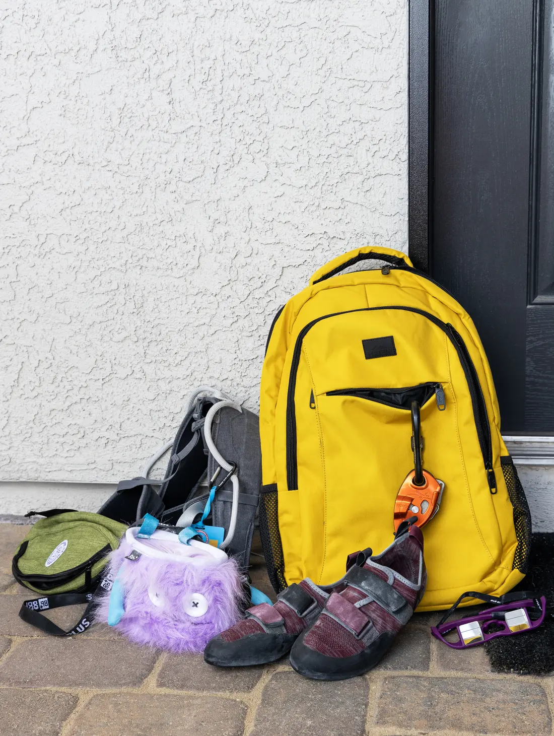Climbing gear packed and ready by the door